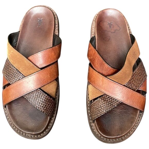 FRYE Andrew Strap Slide Sandals Men’s 10.5 Brown Leather & Suede EUC w/ Bag main image 14
